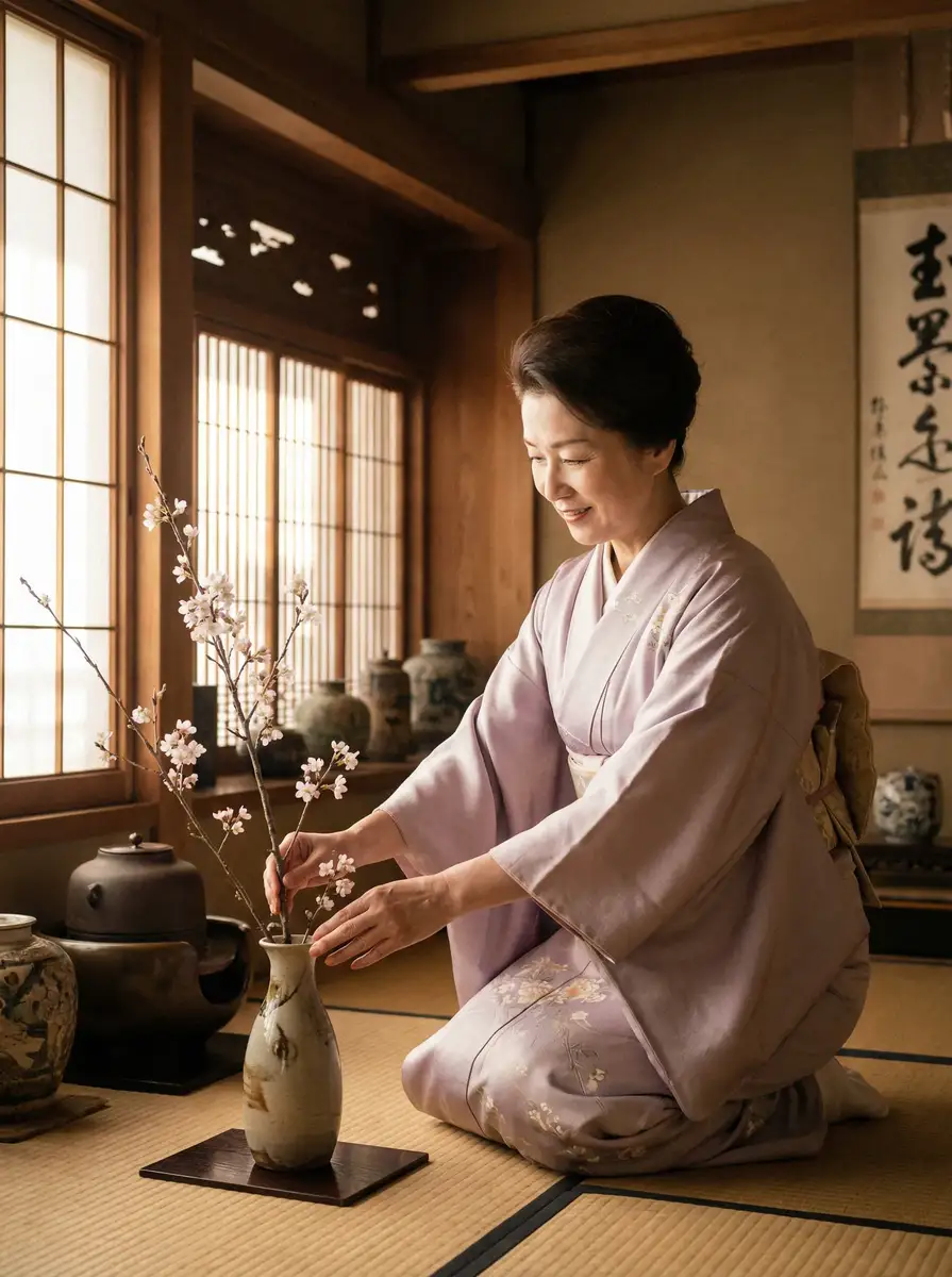 一位优雅的 飞亚体育平台 在和室中插花